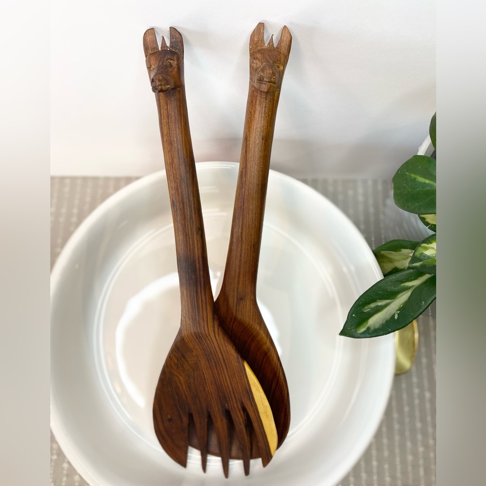 Vintage Teak Wood Salad Serving Spoon Fork African Carved Lama Wooden Animal Art